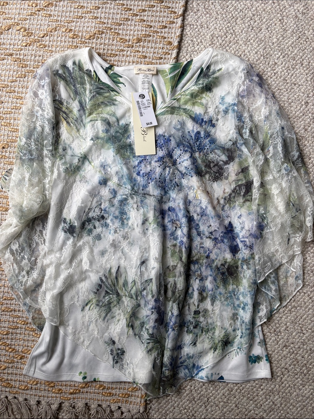 Brittany Black White Floral Lace Overlay Tunic with Blue and Green Accents
